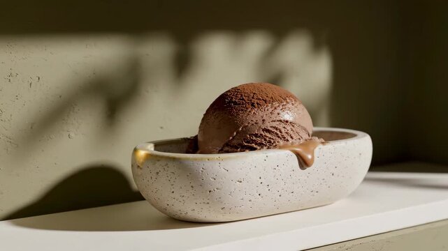 Single coffee gelato scoop slowly softens in a speckled stoneware dish beneath angled afternoon light, framed by olive green walls and leafy shadows for a calm handcrafted frozen dessert moment