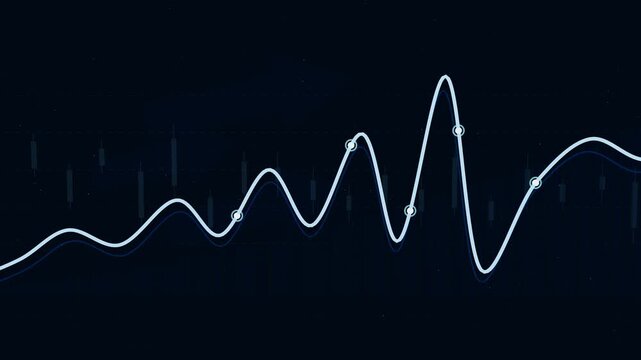 3D tech financial wave chart featuring a trailing light orb at the growing tip of the line, smooth fade-in peak indicator nodes, background trading visual ornaments 