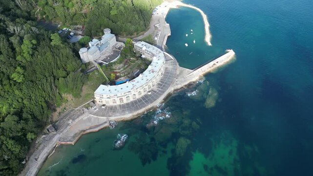 Rame Peninsula, Cornwall, England: DRONE VIEWS: Fort Picklecombe and its harbour. The fort was built mid-19th century to defend Devonport naval base, Plymouth, from the risk of a French invasion.
