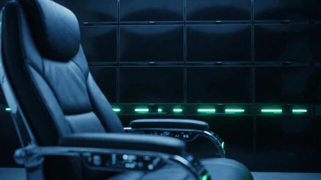 Modern executive leather chair inside a dark high tech command control center room.