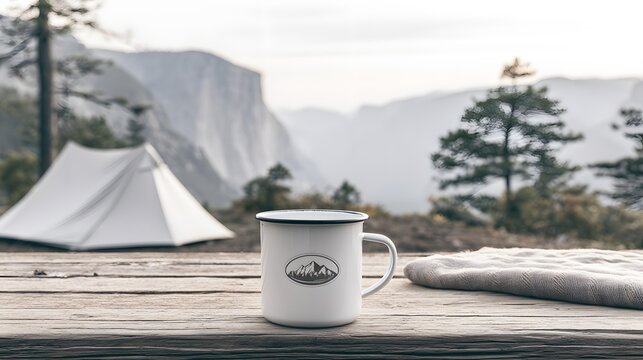 A white enamel coffee mug sits on a wooden table with a tent and mountain backdrop during morning light. Perfect for adventure travel and outdoor lifestyle camping promotions.