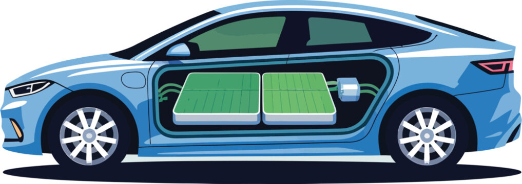 Electric car battery pack vector illustration, blue EV sedan cutaway showing lithium battery cells, electric powertrain and digital telemetry dashboard vector designs