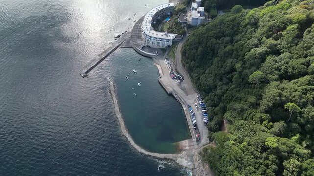 Rame Peninsula, Cornwall, England: DRONE VIEWS: Fort Picklecombe and its harbour. The fort was built mid-19th century to defend Devonport naval base, Plymouth, from the risk of a French invasion.
