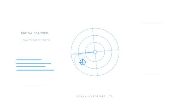 A futuristic digital search animation featuring a rotating radar scanner, expanding detection waves, floating data points, and a glowing search target.