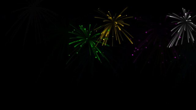 Colorful Fireworks Exploding Over a Beach at Night, Bright Festive Celebration Lights in the Dark Sky, Holiday Festival and New Year Party Atmosphere