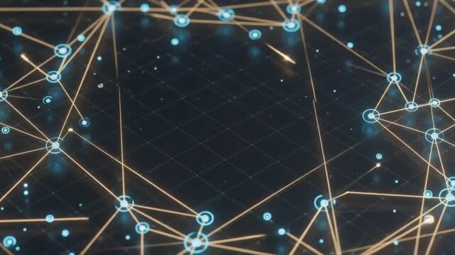 Abstract Quantum Computing Data Grid Motion Background with Floating Golden and Teal Micro Nodes for AI Tech