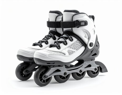 Pair of white inline roller skates with black straps and wheels on white background, studio product photo for sports and fitness concept.
