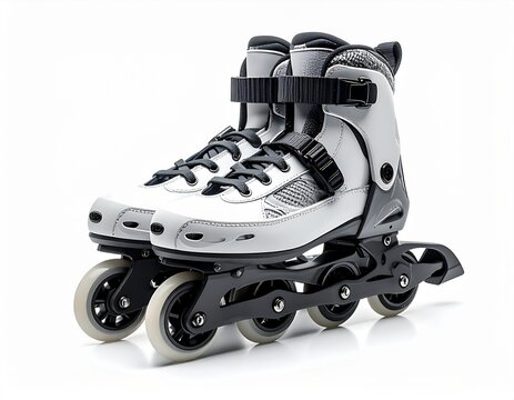 Pair of white inline roller skates with black straps and wheels on white background, studio product photo for sports and fitness concept.
