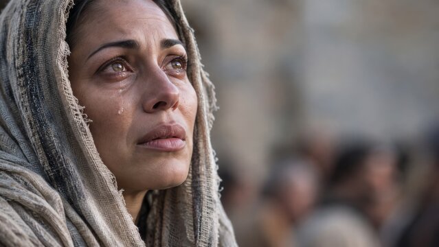 A distressed woman with tears on her face looks upward in a crowd. She wears traditional clothing in a historical setting. This image evokes powerful emotions like sorrow, pain, and hope
