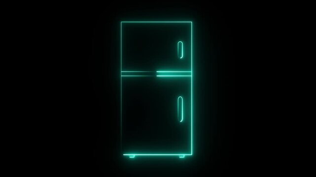 A glowing green neon outline of a double-door refrigerator on a dark background.