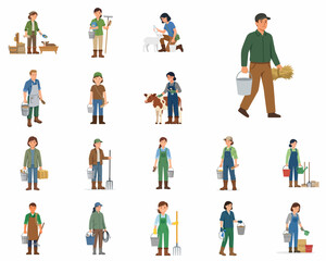 Collection of flat vector illustrations featuring diverse male and female farmers and agricultural workers performing various farm tasks like carrying hay, buckets, and using tools isolated on white b © JaaZaidun