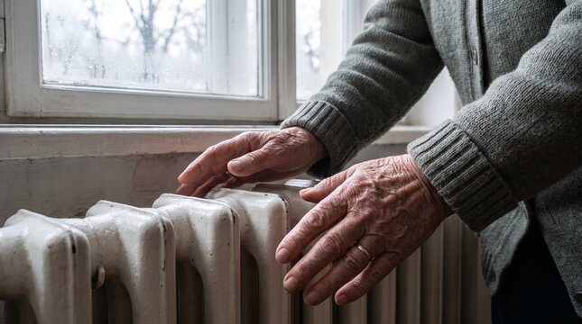 Femme &acirc;g&eacute;e se r&eacute;chauffant les mains pr&egrave;s d&rsquo;un radiateur &agrave; la maison en hiver