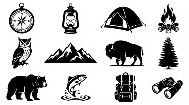 Outdoor adventure icon collection featuring compass, lantern, tent, campfire, owl, mountains, bison, pine tree, bear, frog, backpack, and binoculars in black silhouette style.