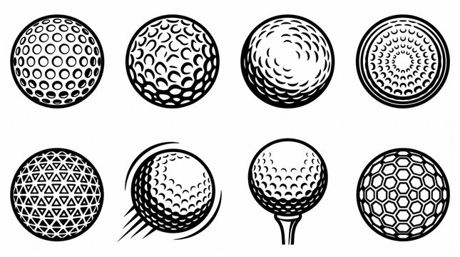 Collection of detailed golf ball icons featuring varied dimples, textures, patterns, and perspectives, including a golf ball on tee, arranged neatly in black outline style.