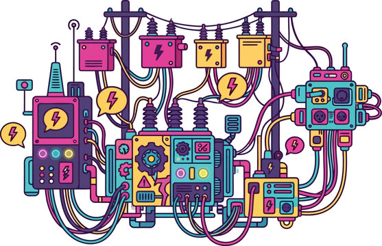 Electrical Substation Power Grid Vector Illustration with Transformers, High Voltage Cables, and Control Panels for Renewable Energy and Technology Banner Designs
