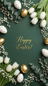 Happy Easter greeting with golden eggs, white speckled eggs, tulips, and pussy willow on dark green background. Vertical design for spring holiday card, springtime holiday style.