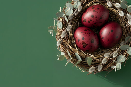Red speckled eggs in nest of eucalyptus and willow, on green background. Banner template for spring Christianfestive decoration for Christian holiday season Easter day with copy space.