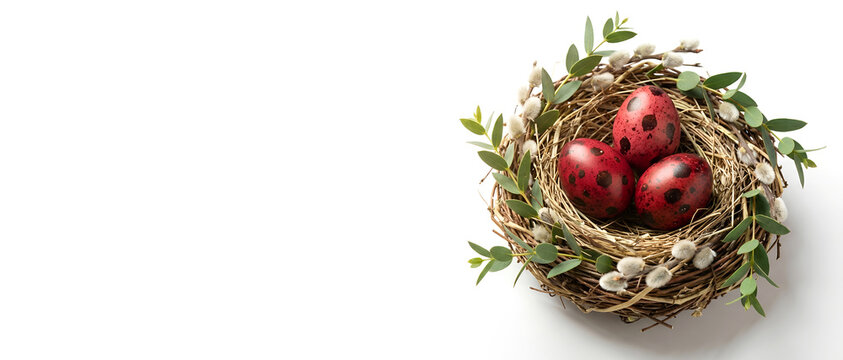 Red speckled eggs in nest of eucalyptus and willow, on white background. Banner template for spring Christianfestive decoration for Christian holiday season Easter day with copy space.