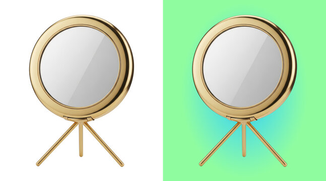 Modern golden round table mirror on tripod 3D render