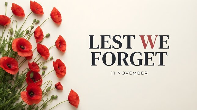 Remembrance day poppies with lest we forget text on white background