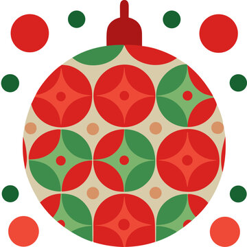 Christmas Bauble with Red and Green Floral Ornament Pattern, Retro Holiday Decoration, Editable Vector Isolated on Transparent Background