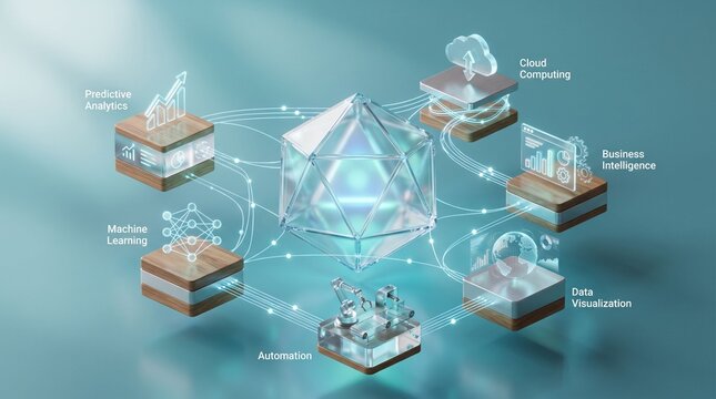 Conceptual 3D visualization of a high-speed digital ecosystem featuring cloud computing, machine learning, predictive analytics, and automation for advanced business intelligence solutions.