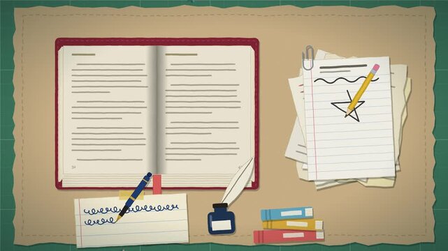 Top view animation of a creative journal with sketches and writing