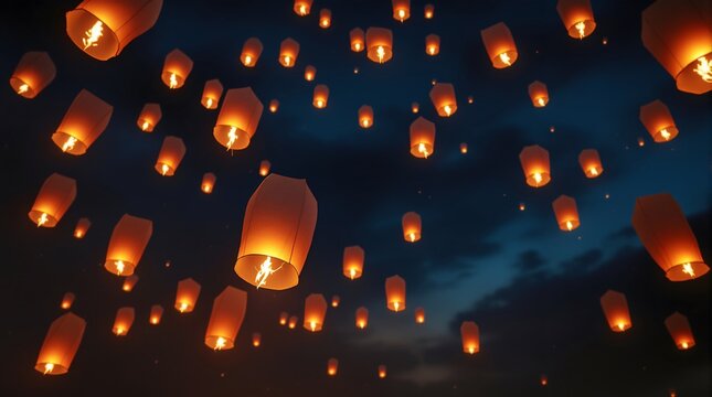 Glowing sky lanterns floating in dark night sky during traditional lantern festival