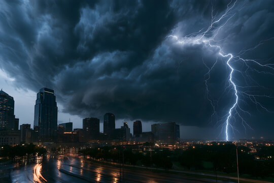 City skyline beneath dramatic storm clouds with lightning striking beyond wet streets at night