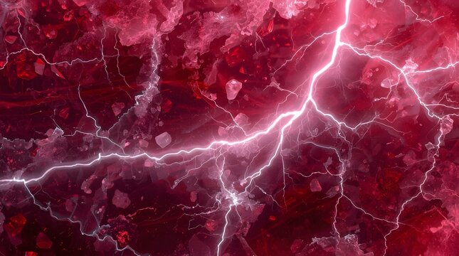 Powerful and vivid lightning and electric light striking through ruby red mineral crystals, dramatic abstract background texture