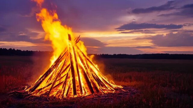 Large Wood Bonfire Burning in a Field at Sunset