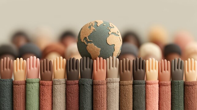 A variety of raised hands surround a miniature model of the Earth, symbolizing unity and global solidarity.