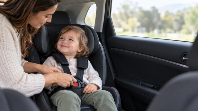 Caring Mother Fastening Toddler Securely into Child Safety Seat During Family Road Trip Inside Modern Vehicle Passenger Interior with Bright Morning Light