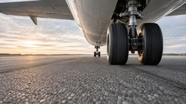 Commercial Airplane Landing Gear Rolling Across Textured Pavement at Ground Level During Golden Hour Sunset Highlights Aviation Transportation and Logistics Technology
