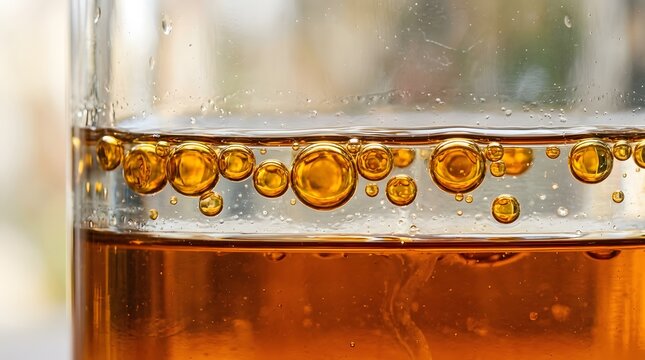 Golden oil bubbles suspended in clear water captured with macro photography showing detailed texture of spherical liquid drops inside glass