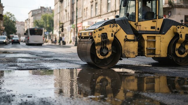 Heavy yellow road roller on a wet urban street, asphalt paving machinery, construction site equipment, infrastructure development and maintenance.