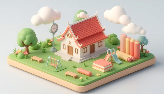 3D isometric diorama of a cute traditional Thai school building with a playground, stacked books, and giant pencils.