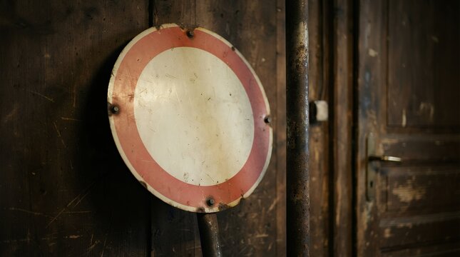 Grungy vintage no entry sign, weathered red and white circular road sign, rustic prohibition symbol, aged metallic warning signal on dark wooden background