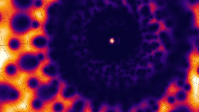 Hypnotic purple and fiery orange cellular vortex spirals toward a distant glowing center in a dynamic horizontal 3D render