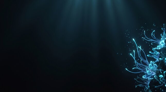 Bioluminescent deep sea flora glowing in dark ocean abyss for minimalist desktop wallpaper