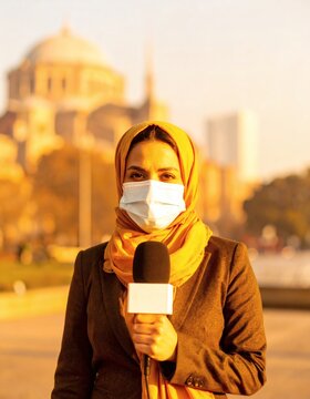 Masked Female Field Reporter Holding Microphone in City