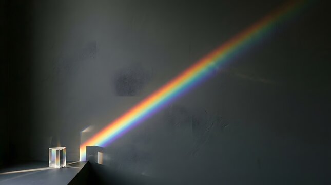 Glass triangular prism casting a vibrant rainbow spectrum onto a textured dark gray wall under bright natural indoor sunlight rays