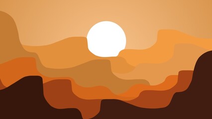 Minimalist desert landscape with layered canyon hills and setting sun. Warm earth tones create a modern abstract nature background ideal for posters, wallpapers, and travel themes. © Pratama