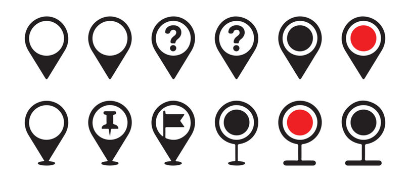 Location pin map pointer with flag and question mark black vector icons on transparent background.