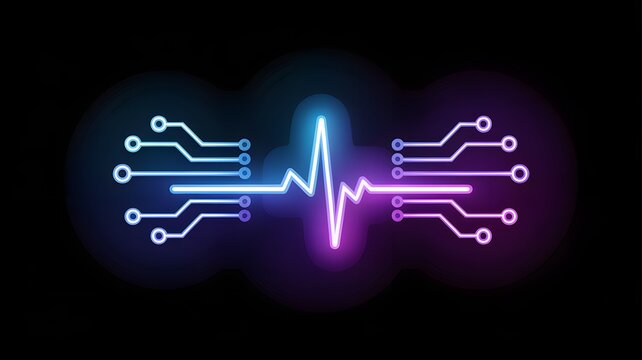 A captivating digital graphic design featuring a vibrant neon glowing heartbeat pulse line connected to intricate circuit board traces, symbolizing technological health monitoring and data flow