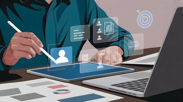 Professional Using Digital Tablet for Data Management and Workflow Optimization with Virtual Interface Graphics