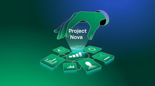 Digital illustration of innovative business project management interface with holographic display and glowing green icons