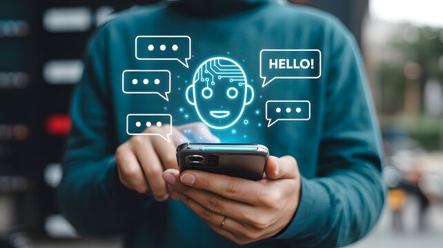 Man using a smartphone with a holographic artificial intelligence chatbot interface for digital communication