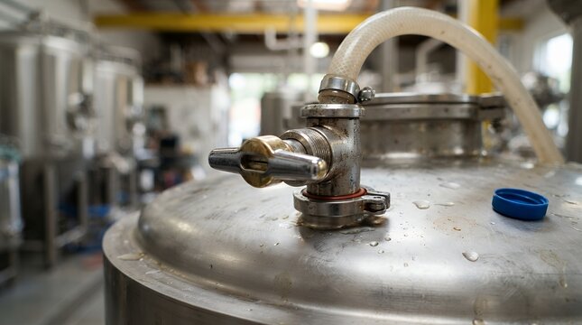 Industrial brewing equipment, shiny stainless steel fermentation tank with clear tubing and brass valve, modern craft beer production facility, beverage manufacturing process.