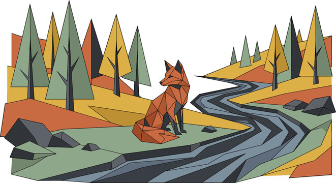 Geometric Autumn Fox Landscape Vector Design Featuring Pine Trees Winding River and Low Poly Forest Nature Illustration